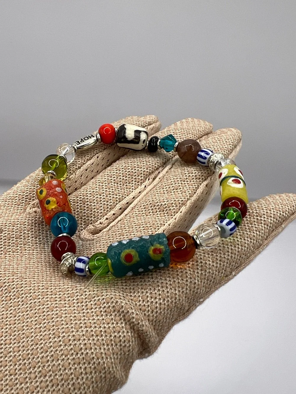 Vintage African Glass Trade Bead Stretch Bracelet - Multicolor Boho Hope